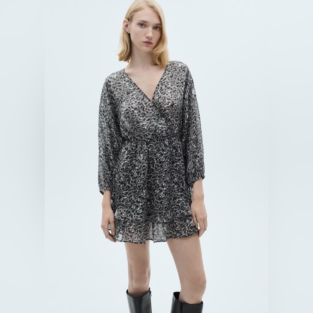 Mango black animal print ruffled dress NWT